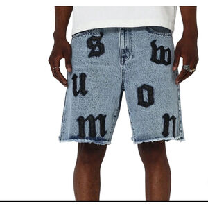 Sumwon Denim Short With Letter Applique in Black, Size M